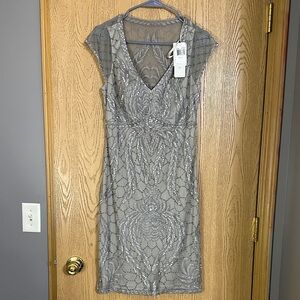 Sue Wong Elegant Silver Embellished Midi Dress